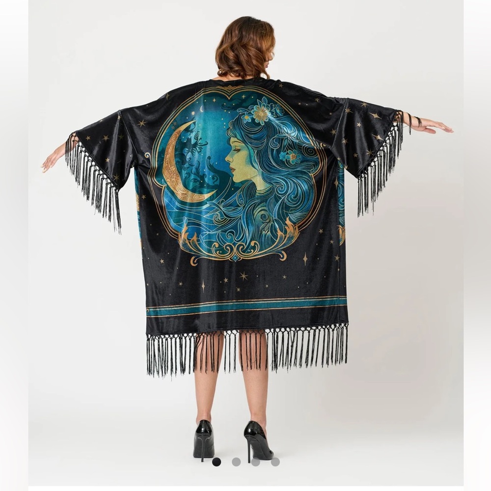 @amck1207 only!Unique Vintage Plus Size Black Art Noveau Fringe Kimono OSFM PLUS